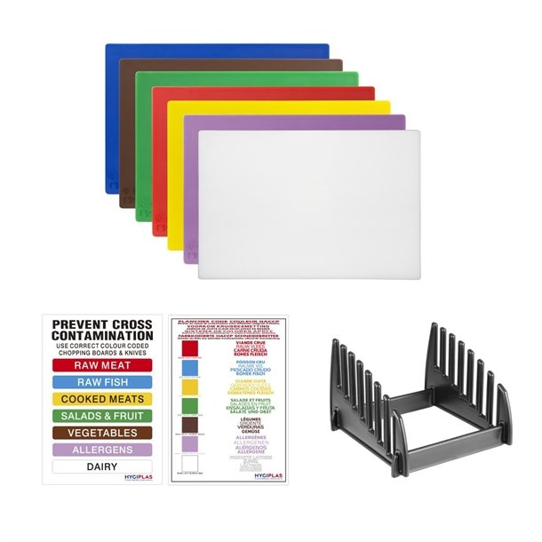 Hygiplas Low Density Chopping Board Set with Rack 450x300x10mm (Pack of 7) - 450(L)x300(W)x10(H)mm | LDPE
