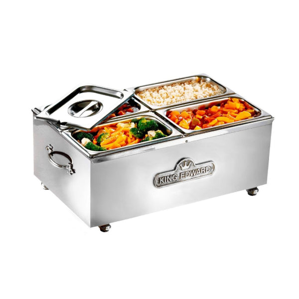 King Edward Large Bain Marie Stainless Steel BM2V/SS 750W Wet or Dry Heat. 4x GN 1/4 pans included