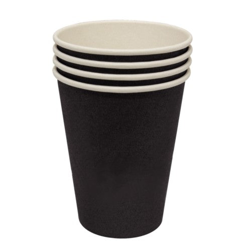 Fiesta Recyclable Coffee Cups Single Wall Black 225ml / 8oz & Fiesta Polystyrene  Lids for 8oz Hot Cups (50 Pack)