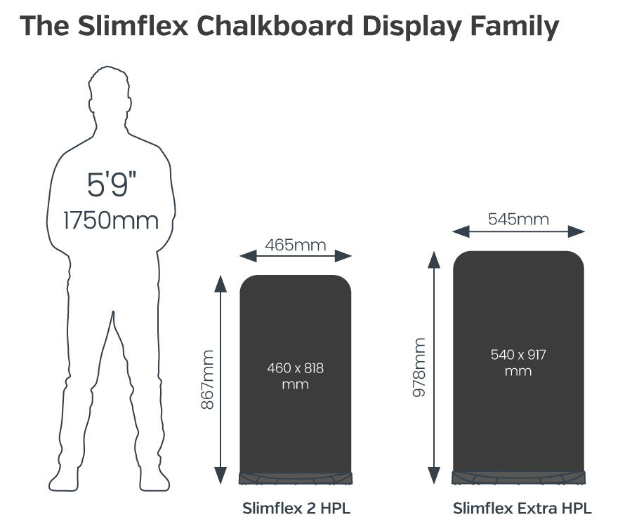 Slimflex HPL Chalkboard Pavement Displays - O/A Dimensions (mm): 545(w) x 978(h) x 540(d)