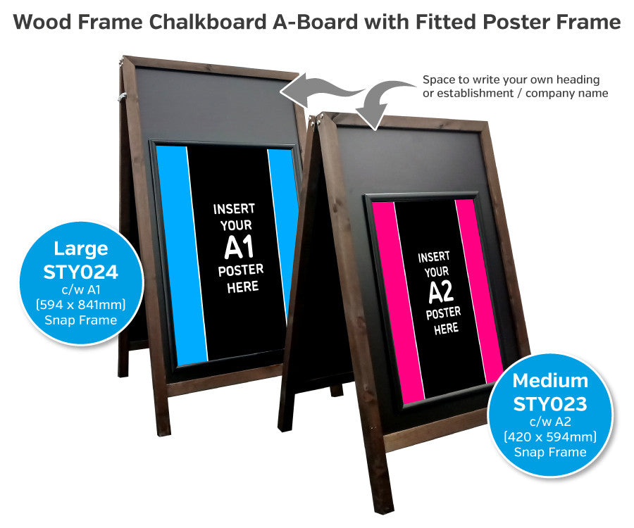 Wood Frame Blackboard A-Board with fitted poster holder to both sides - Exterior Use Dimensions (WxHxD): Medium (650x1100x670mm) With Branded Header Stickers