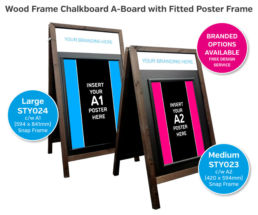 Wood Frame Blackboard A-Board with fitted poster holder to both sides - Exterior Use Dimensions (WxHxD): Medium (650x1100x670mm) With Branded Header Stickers