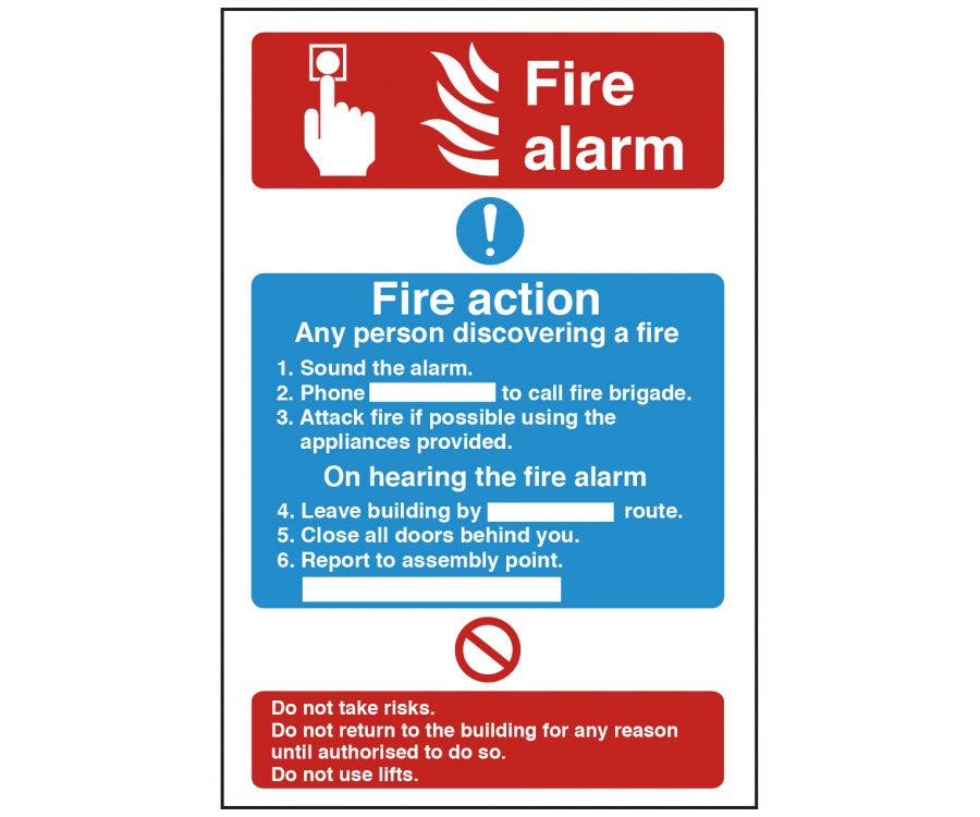 Safety Signs - Dual Fire Alarm & Fire Action Safety Sign 300x200mm Self Adhesive Vinyl For Instant Application