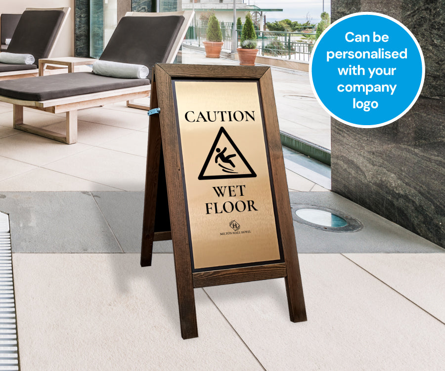 Premium Wooden Wet Floor Stand with Brushed Gold Aluminium Plate Tall