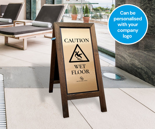 Premium Wooden Wet Floor Stand with Brushed Gold Aluminium Plate Tall