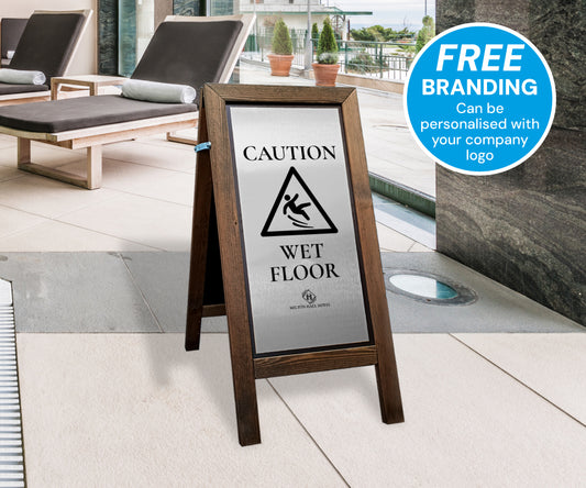Premium Wooden Wet Floor Stand with Brushed Silver Aluminium Plate Tall