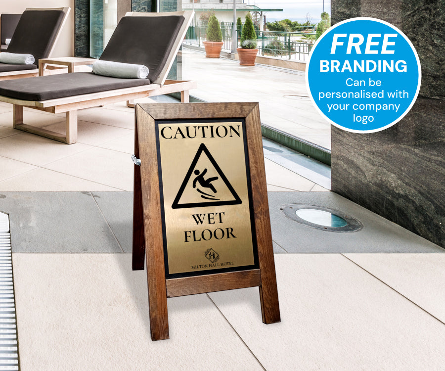Premium Wooden Wet Floor Stand with Brushed Gold Aluminium Plate Short