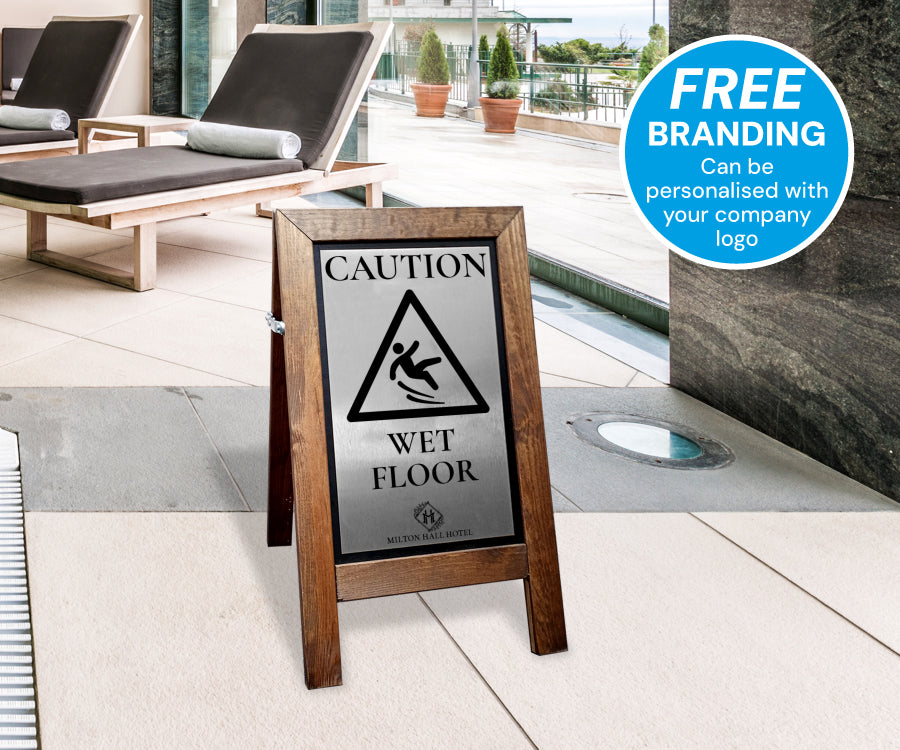 Premium Wooden Wet Floor Stand with Brushed Silver Aluminium Plate Short