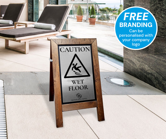 Premium Wooden Wet Floor Stand with Brushed Silver Aluminium Plate Short