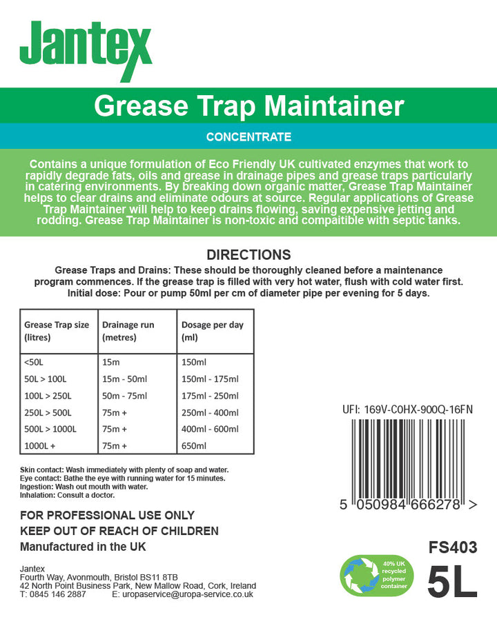 Jantex Green Grease Trap Maintainer Concentrate 5Ltr