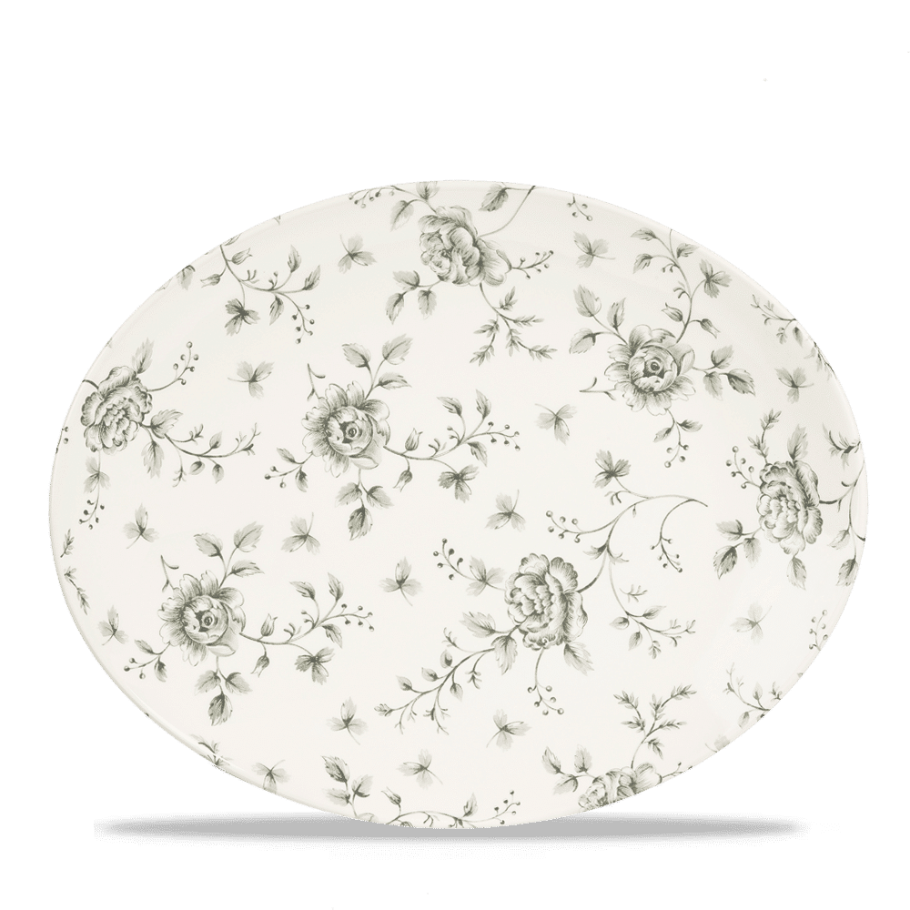 Rose Chintz Grey Orbit Oval Coupe Plate 12 1/2X10" Box 6