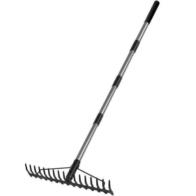 Bow Rake, Metal Rake with 17 Tines, Heavy Duty Garden Rake 4 FT with Stainless Steel Handle, Grey