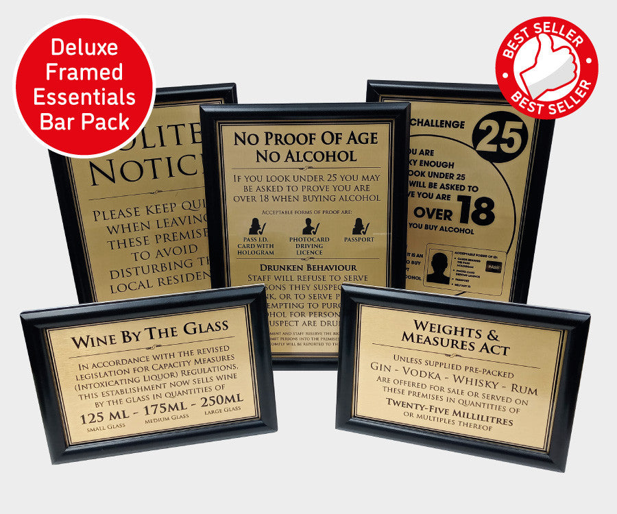 Framed Essential Modern Bar Licensing Sign Pack – Gold