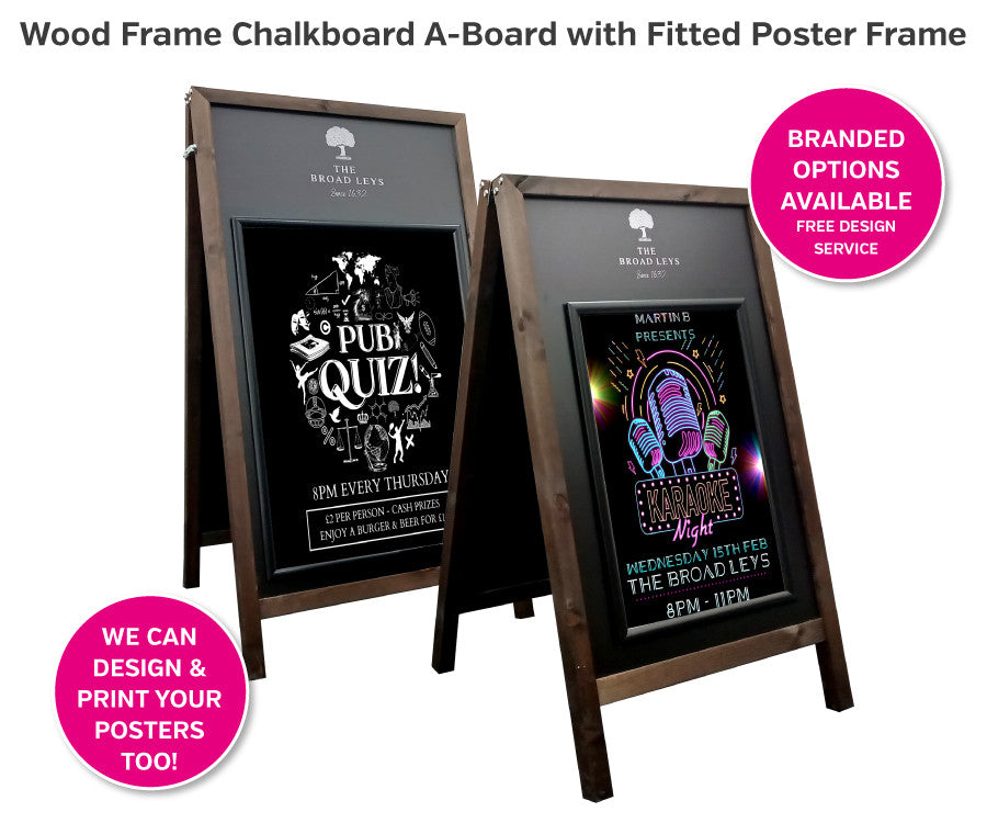 Wood Frame Blackboard A-Board with fitted poster holder to both sides - Exterior Use Large (750x1400x690mm) With Branded Header Stickers