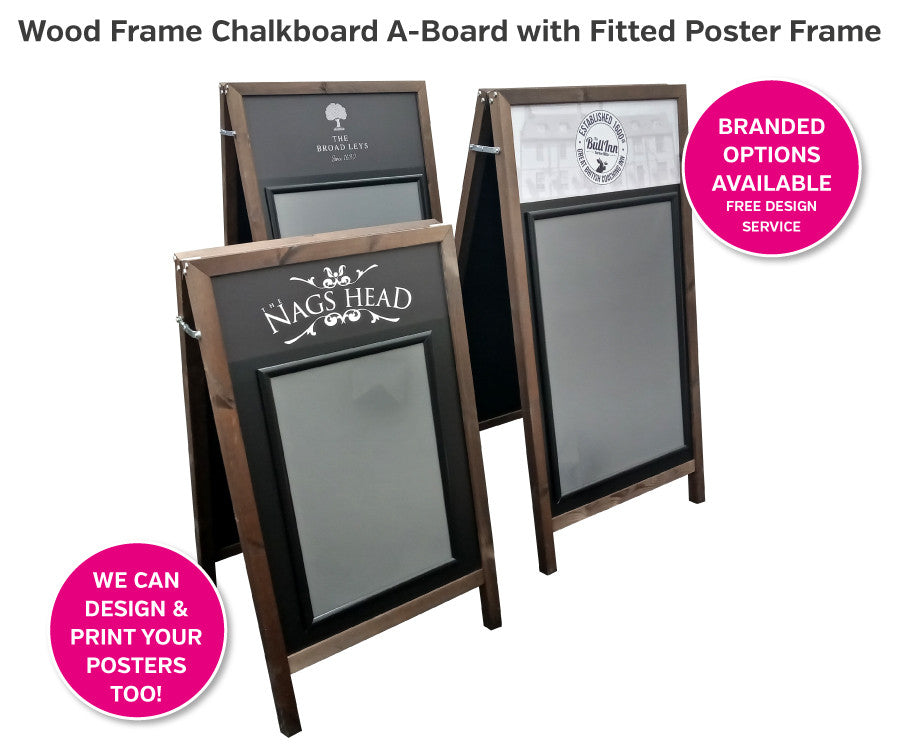 Wood Frame Blackboard A-Board with fitted poster holder to both sides - Exterior Use Dimensions (WxHxD): Medium (650x1100x670mm)