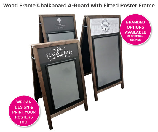 Wood Frame Blackboard A-Board with fitted poster holder to both sides - Exterior Use Dimensions (WxHxD): Medium (650x1100x670mm)