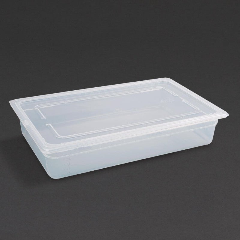 Vogue Polypropylene 1/1 Gastronorm Container with Lid 100mm (Pack of 2) - Capacity: 13Ltr. Material: Polypropylene. GN 1/1. Full Size. With lid