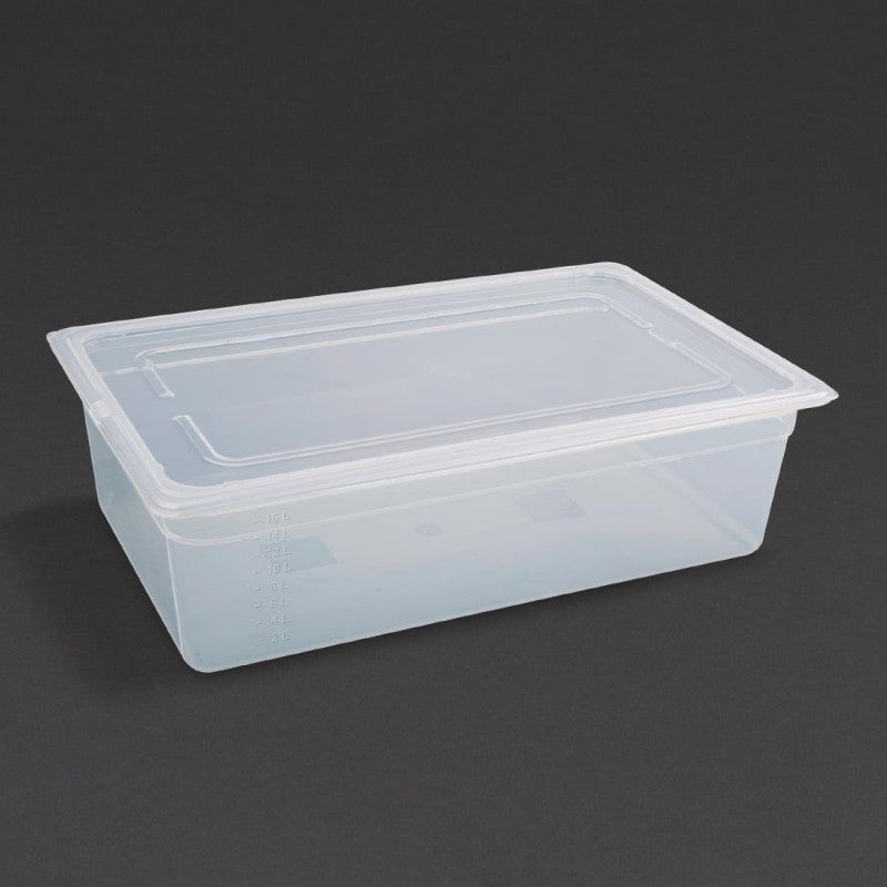Vogue Polypropylene 1/1 Gastronorm Container with Lid 150mm (Pack of 2) - Capacity: 19.5Ltr. GN 1/1. Full Size. With lid