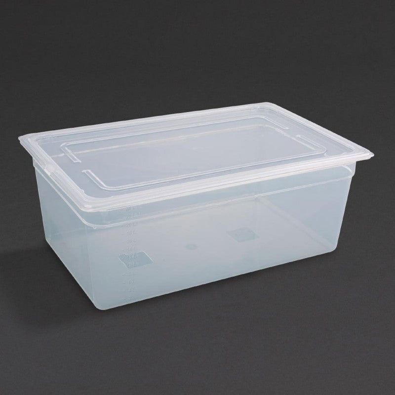 Vogue Polypropylene 1/1 Gastronorm Container with Lid 200mm (Pack of 2) - Capacity: 25.6Ltr. GN 1/1. Full Size. With lid