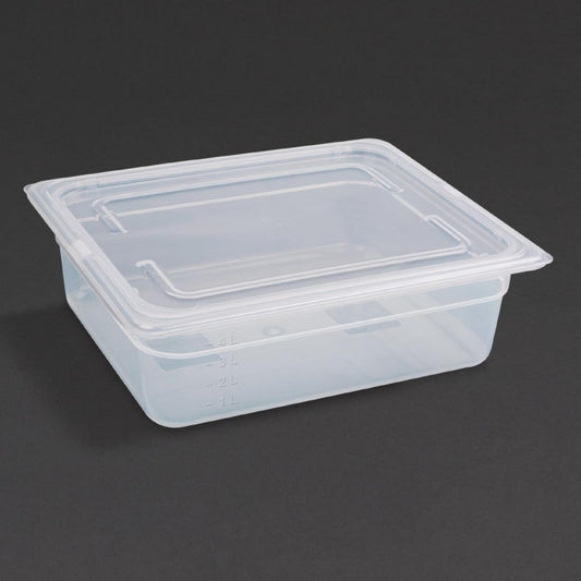 Vogue Polypropylene 1/2 Gastronorm Container with Lid 100mm (Pack of 4) - Capacity: 5.9Ltr. GN 1/2. Half Size. With lid