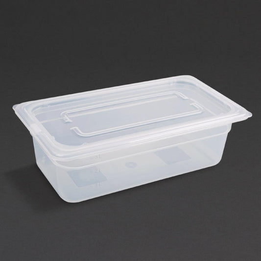 Vogue Polypropylene 1/3 Gastronorm Container with Lid 100mm (Pack of 4) - Capacity: 3.6Ltr. Material: Polypropylene. GN 1/3. Third Size. With lid