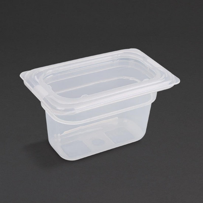 Vogue Polypropylene 1/9 Gastronorm Container with Lid 100mm (Pack of 4) - Capacity: 850ml. GN 1/9. Ninth Size. Material: Polypropylene