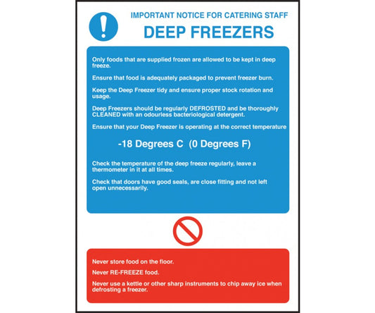 Safety Signs - Deep Freezer Temperature Notice 300mm x 200mm Self Adhesive Vinyl For Instant Application
