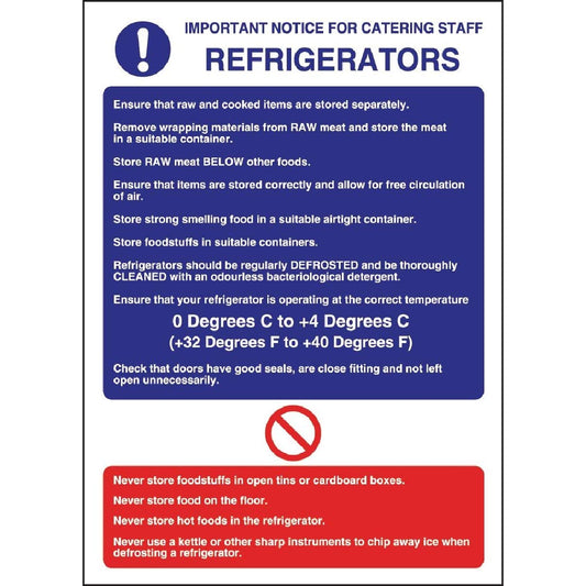 Safety Signs - Refrrigerator Temperature Notice 300mm x 200mm Self Adhesive Vinyl For Instant Application