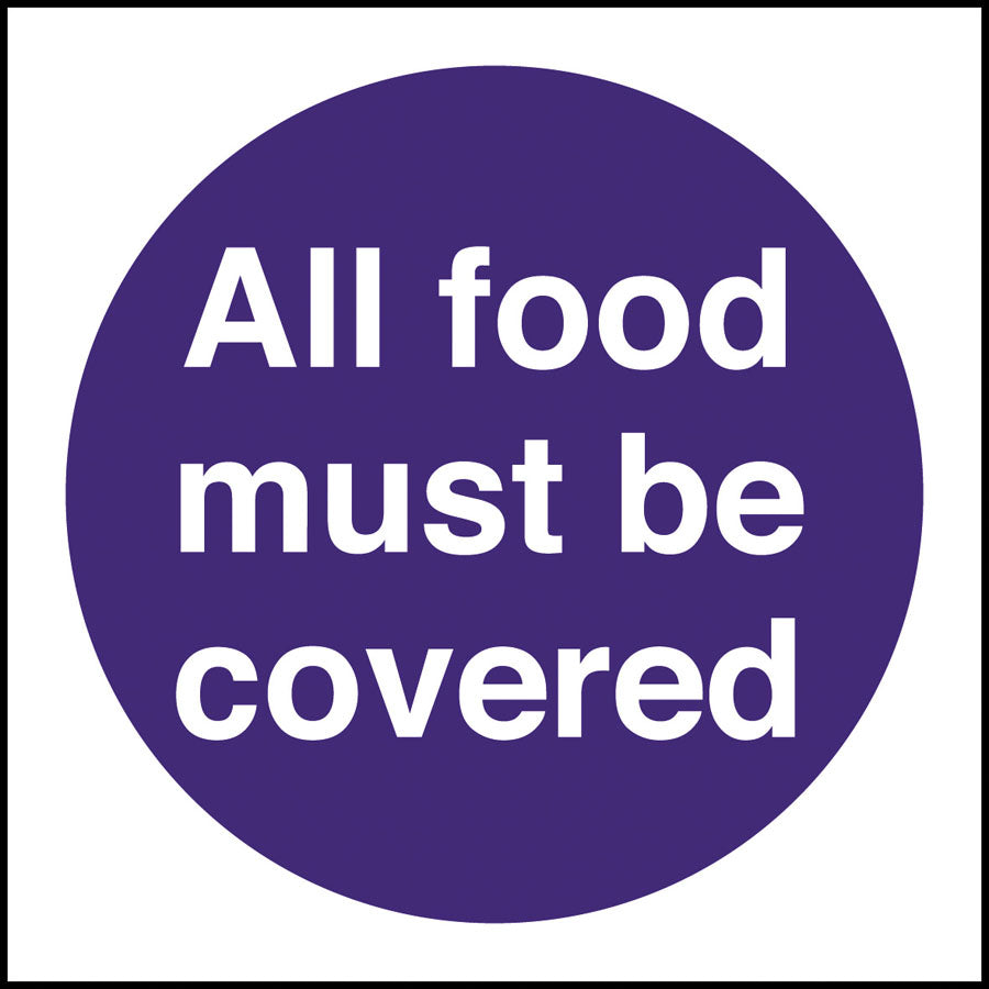 ALL FOOD COVERED SIGN 100x100MM BLUE    