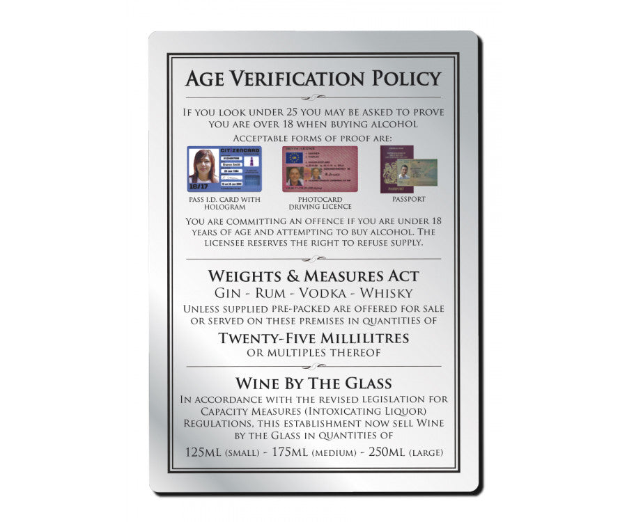 Brushed Silver 25ml 3 Part Age Verification Policy Notice 29.7 x 21cm